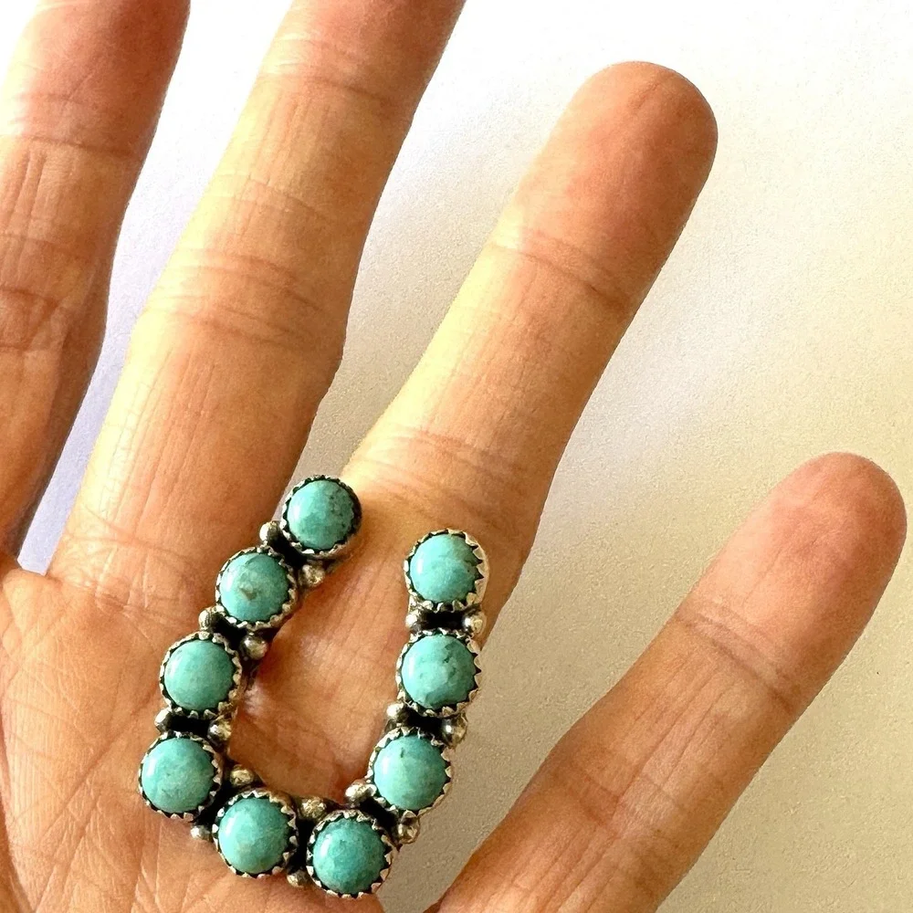 Horseshoe Turquoise Ring Sz‎ 7 Sterling Old Style Patina Lucky Southwest Hada